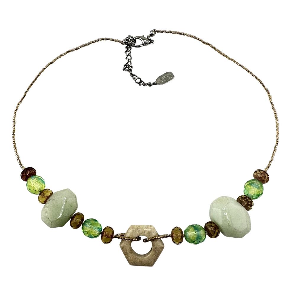 Chunky Aventurine Glass Stone Hexagon Beaded Signed Essence 19” Necklace